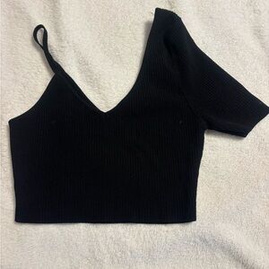 Black Ribbed One-Shoulder Top